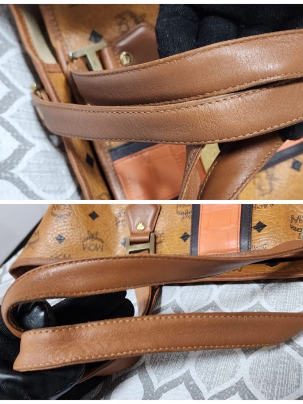 Authentic MCM Visetos Shopper Stripe XL Tote Bag Brown/Peach - Picture 7 of 14